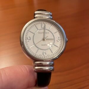 Ellen Tracy silver tone watch with black faux leather band